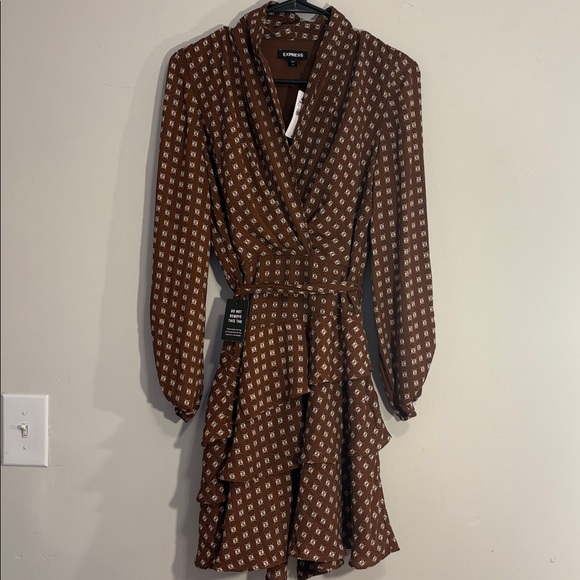 Printed Collared Long Sleeve Tie Waist Tiered Mini Dress - Picture 5 of 12